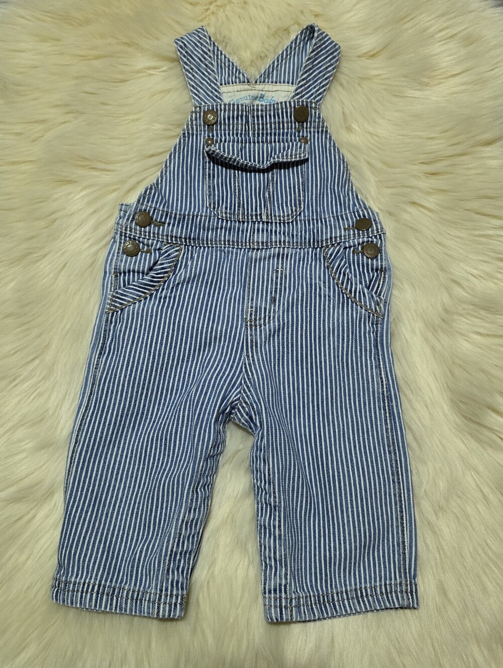 OshKosh B'gosh Denim Striped Overalls 9 Months Blue/White Sleeveless Button